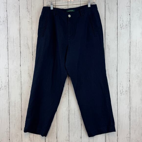 Lauren Ralph Lauren Navy Blue 100% Linen High Rise Crop Straight Pants Size 10 - Picture 1 of 11